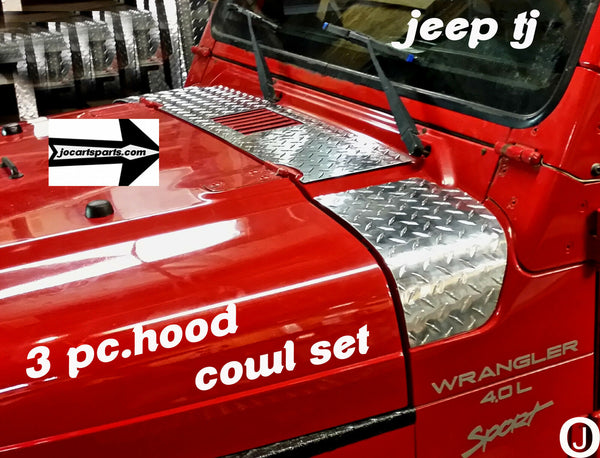 Jeep wrangler TJ Highly Polished Aluminum Diamond Plate 3 Piece Upper Hood Cowl Set